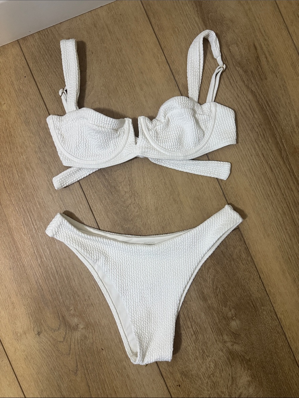 Monday Swimwear White Textured Underwire Bandeau Bikini Set
